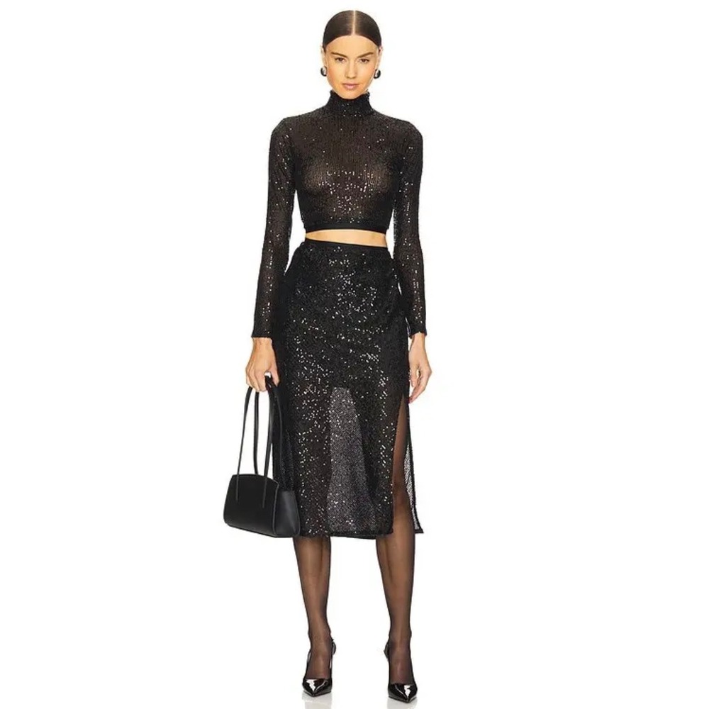 Enza Costa Sequin Cropped Mock Neck Top‎ Black XS New